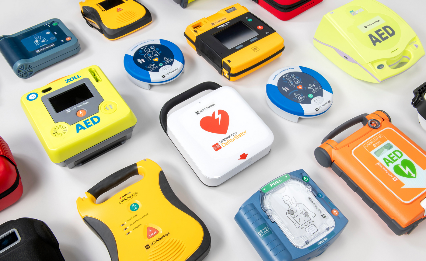 A collage of multicolored AEDs of various brands.