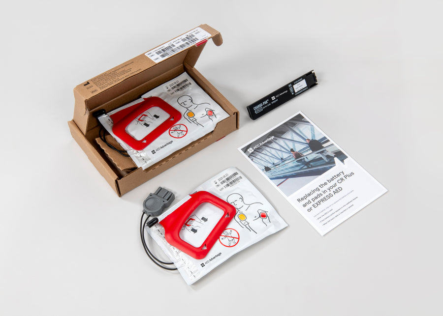 A set of electrodes, and a battery pack, and instructions for a CR Plus defibrillator