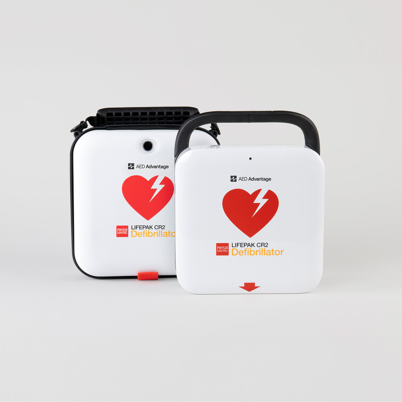 A white and red LIFEPAK CR2 AED standing next to its semi-rigid carry case