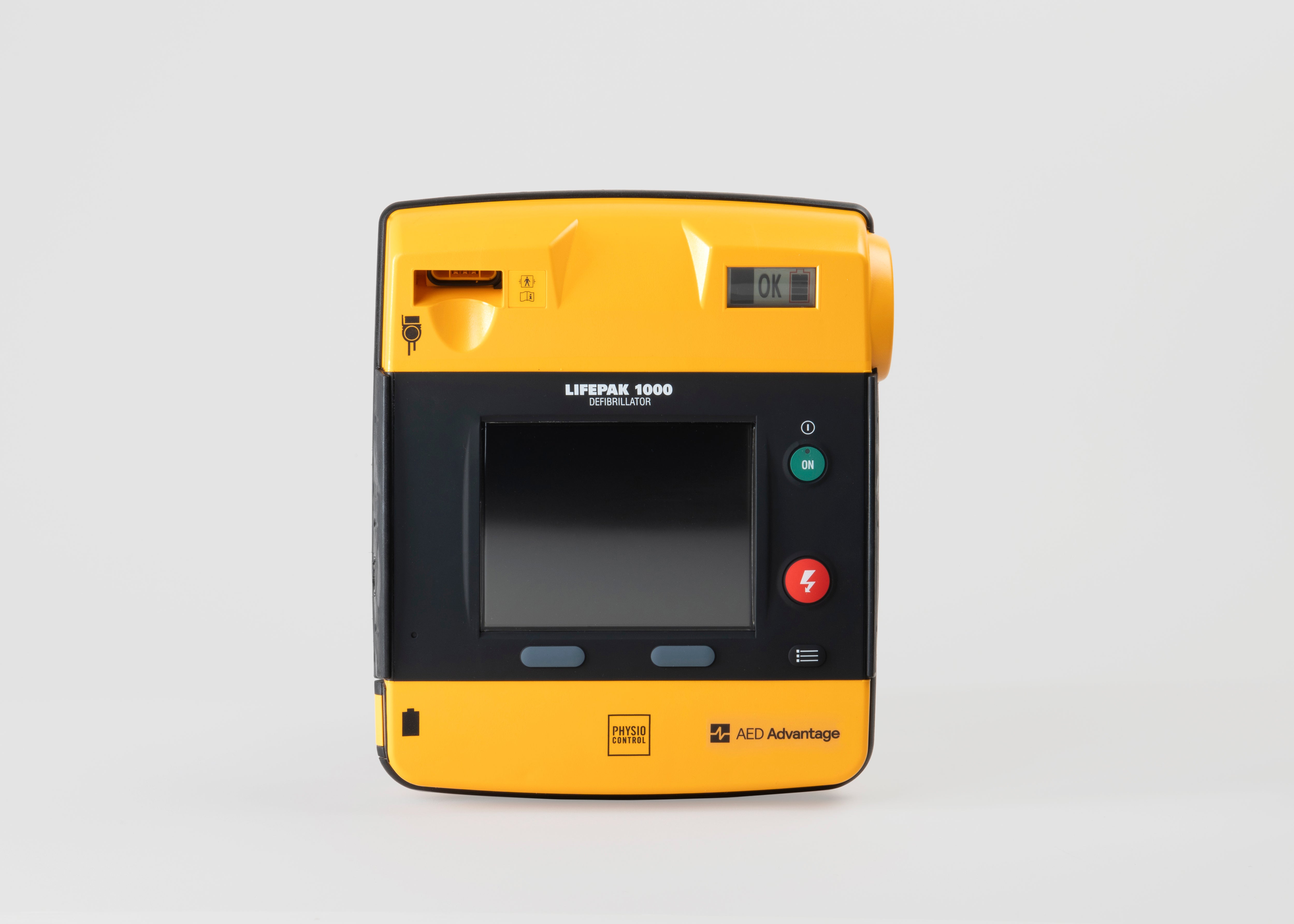 A black and yellow LIFEPAK 1000 AED machine