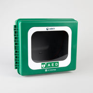 A green and white defibrillator cabinet "AED" written on the front in bold clear text