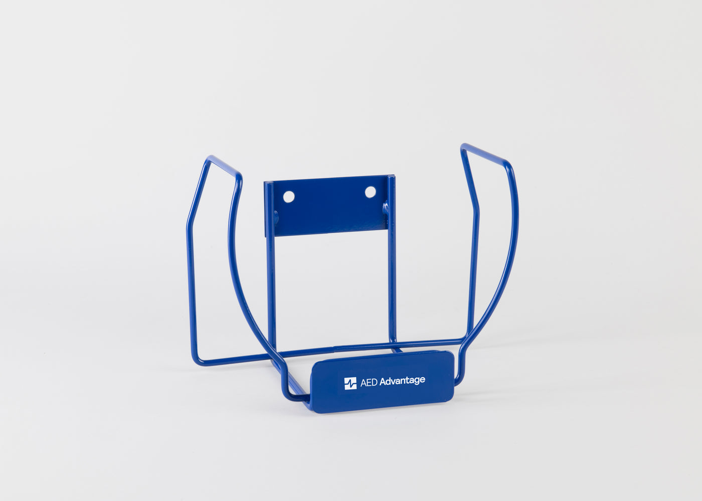 A blue metal wall mount bracket meant to store a HeartSine AED