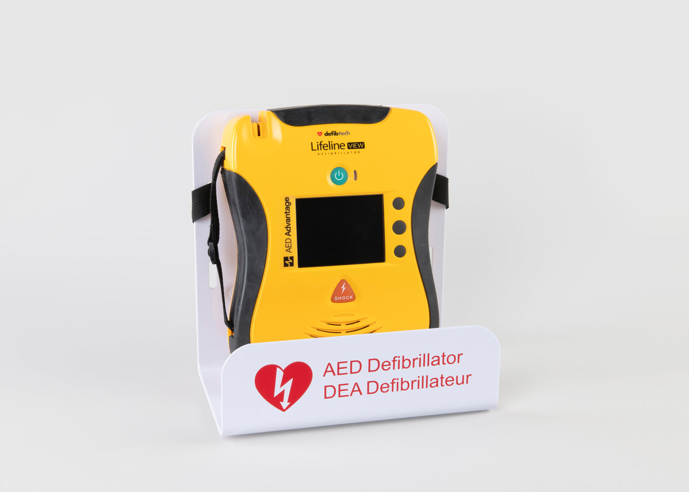 A black and yellow Lifeline VIEW AED displayed in a white metal wall mount bracket