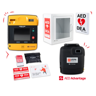 A LIFEPAK 1000 AED displayed in a collag ewith it scarry case, storage cabinet, wall sign, and other accessories.
