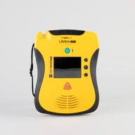 A black and yellow Defibtech Lifeline VIEW AED displayed head on