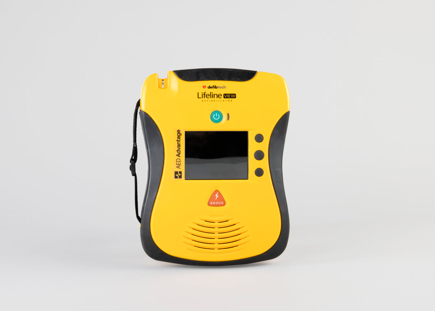 A black and yellow Defibtech Lifeline VIEW AED displayed head on 