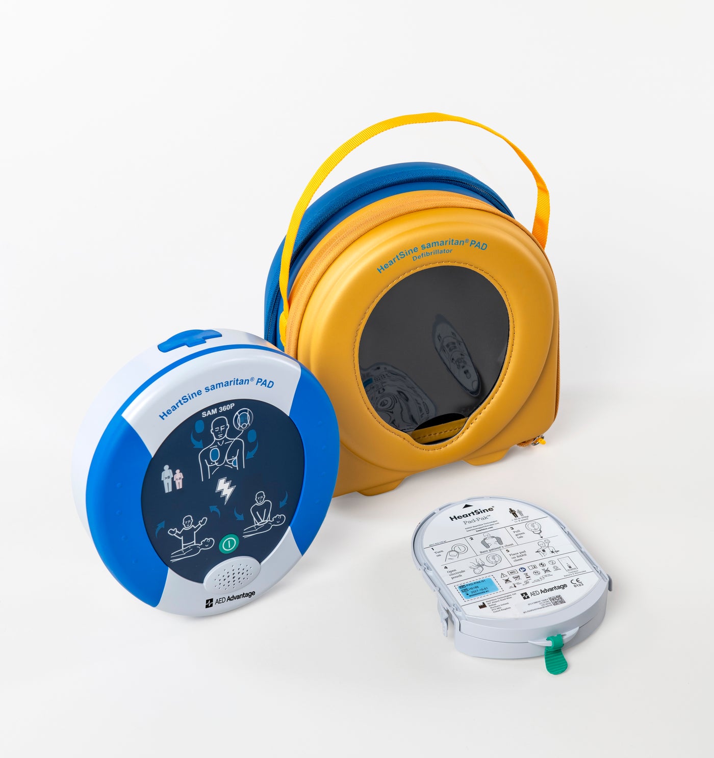 A blue and gray HeartSine 360P AED with its yellow carry case and pads cartridge