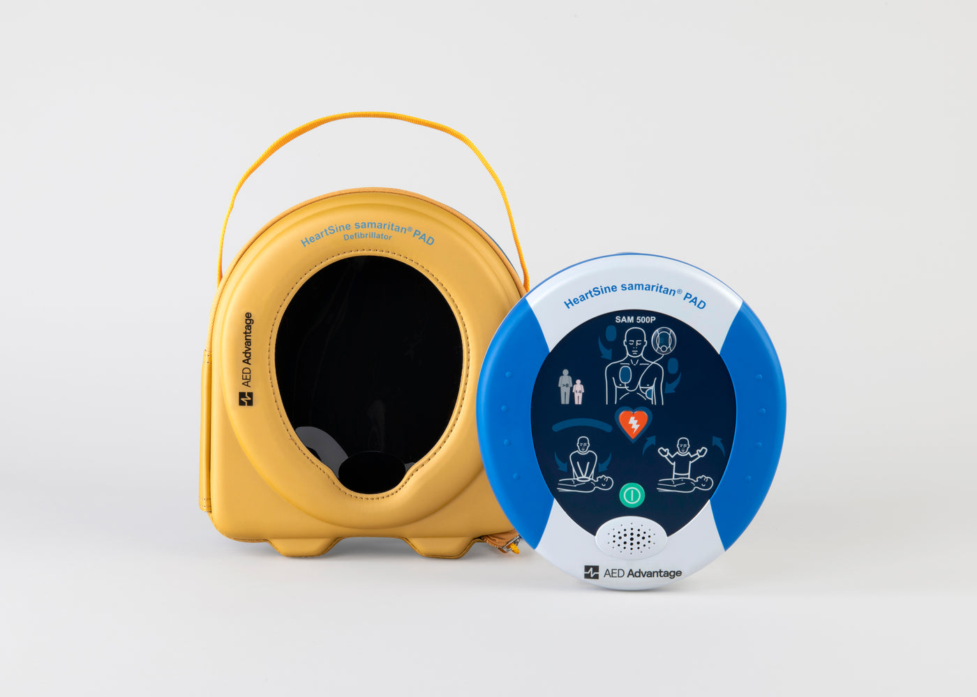 A blue and gray HeartSine 500P AED standing next to its yellow softshell carry case