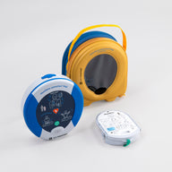 A blue and gray HeartSine 360P AED with its yellow carry case and pads cartridge