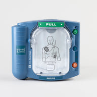 A blue and white Philips OnSite automated external defibrillator
