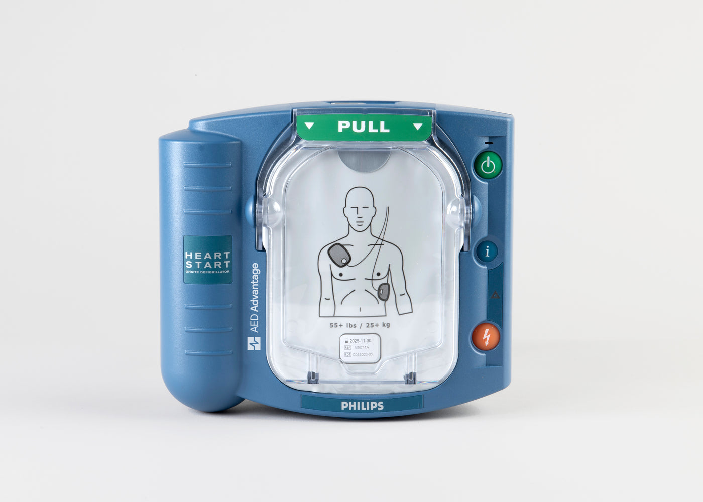 A blue and white Philips OnSite automated external defibrillator