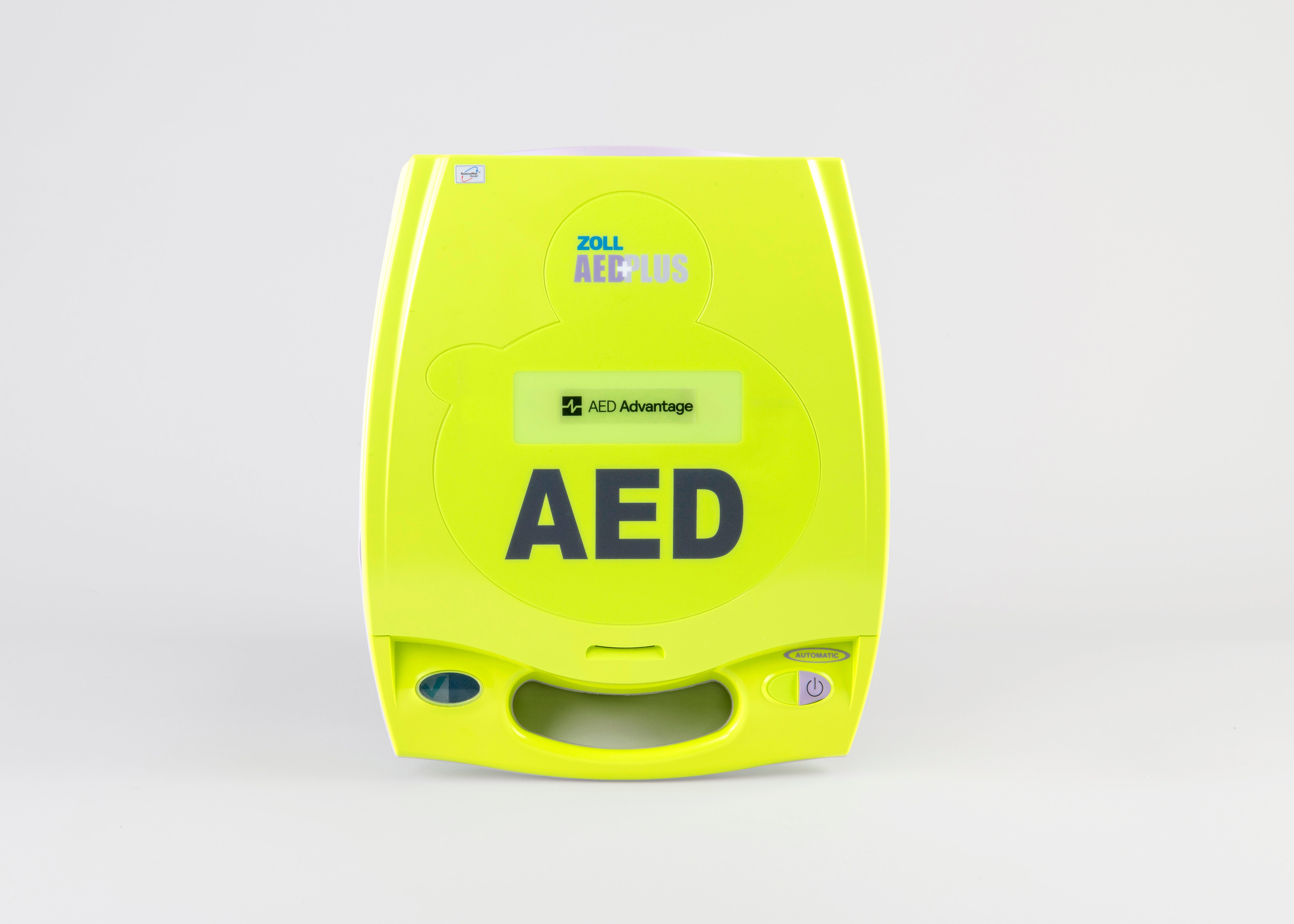 A green ZOLL AED Plus machine displayed with a gray background