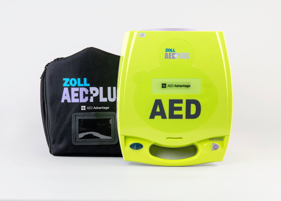 A green ZOLL AED PLus displayed with its black softshell carry case