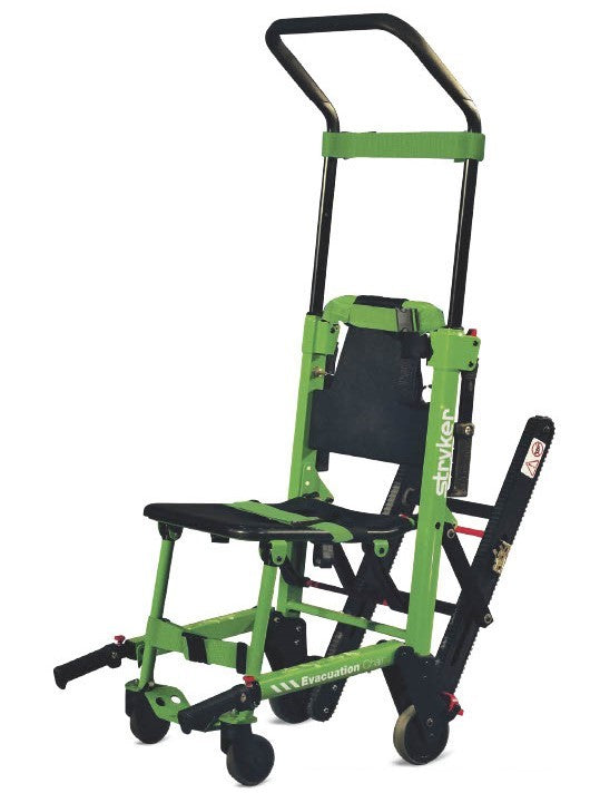 A large green and black metal chair meant for transporting injured people 