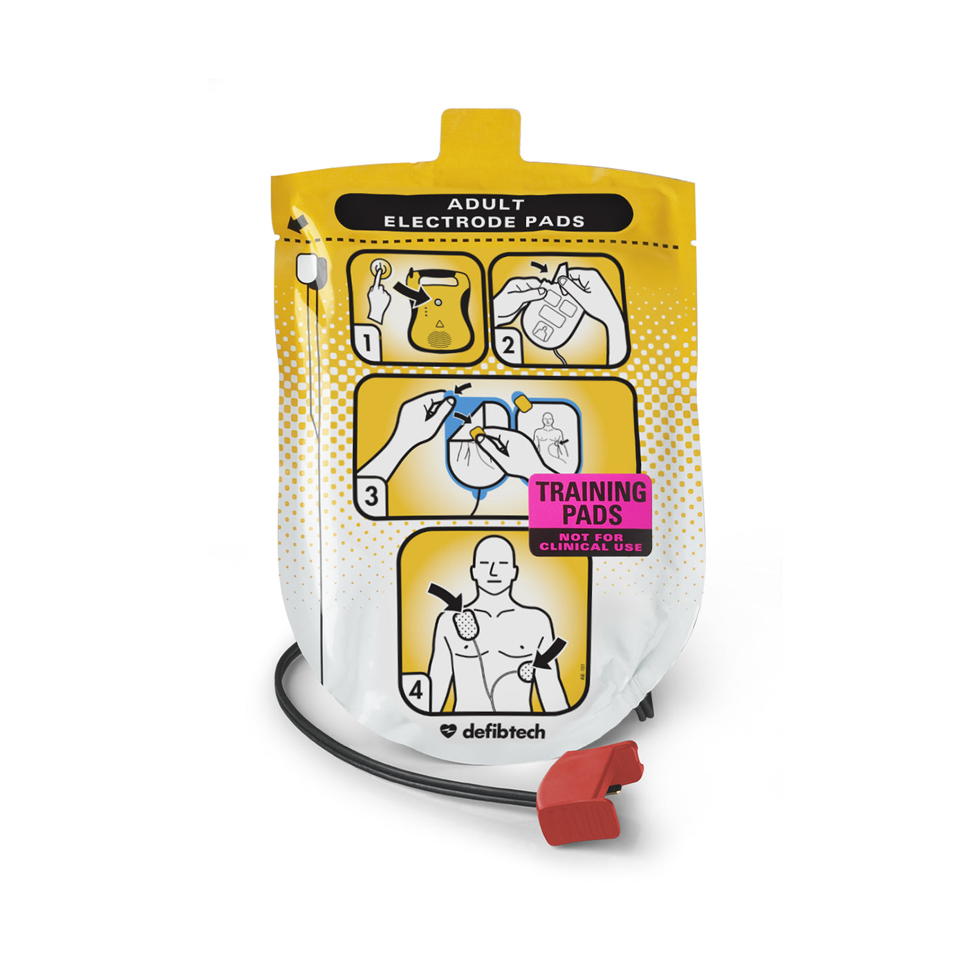 A yellow foil package containing adult training electrodes for a Defibtech Lifeline AED.