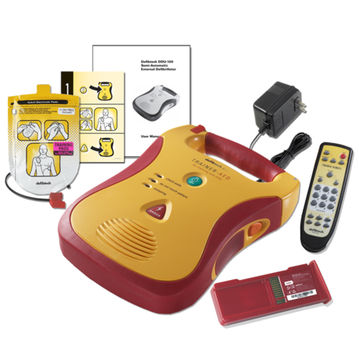 A Lifeline AED training device along with its training pads, battery and remote