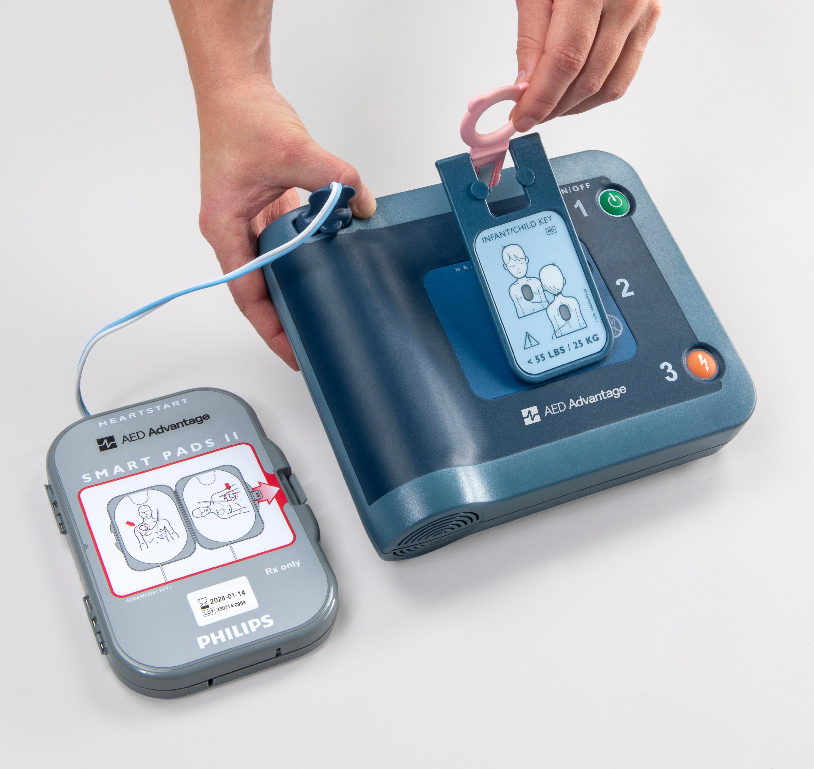 A blue Philips FRx AED 