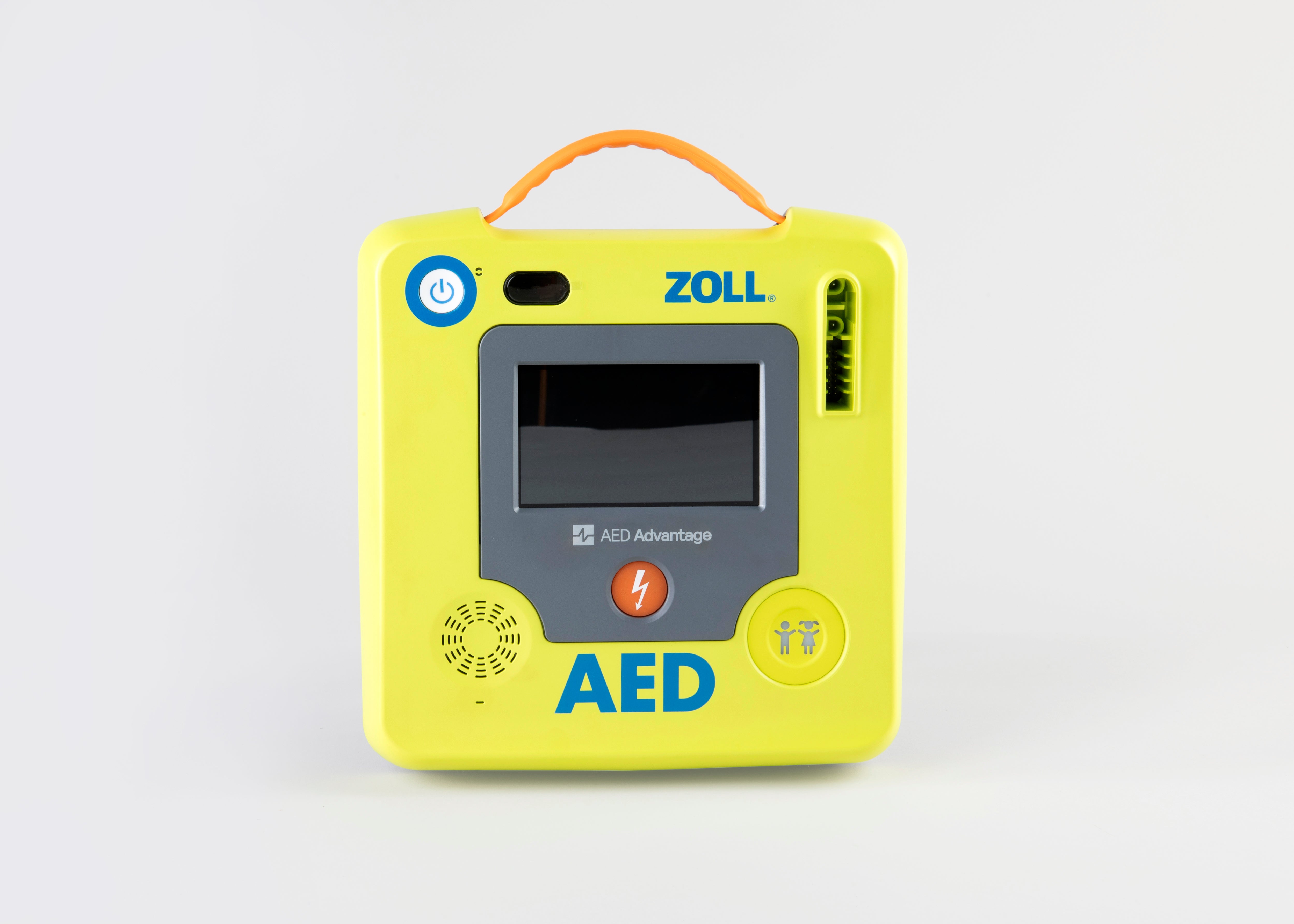 A green automated external defibrillator with a screen and orange carry handle