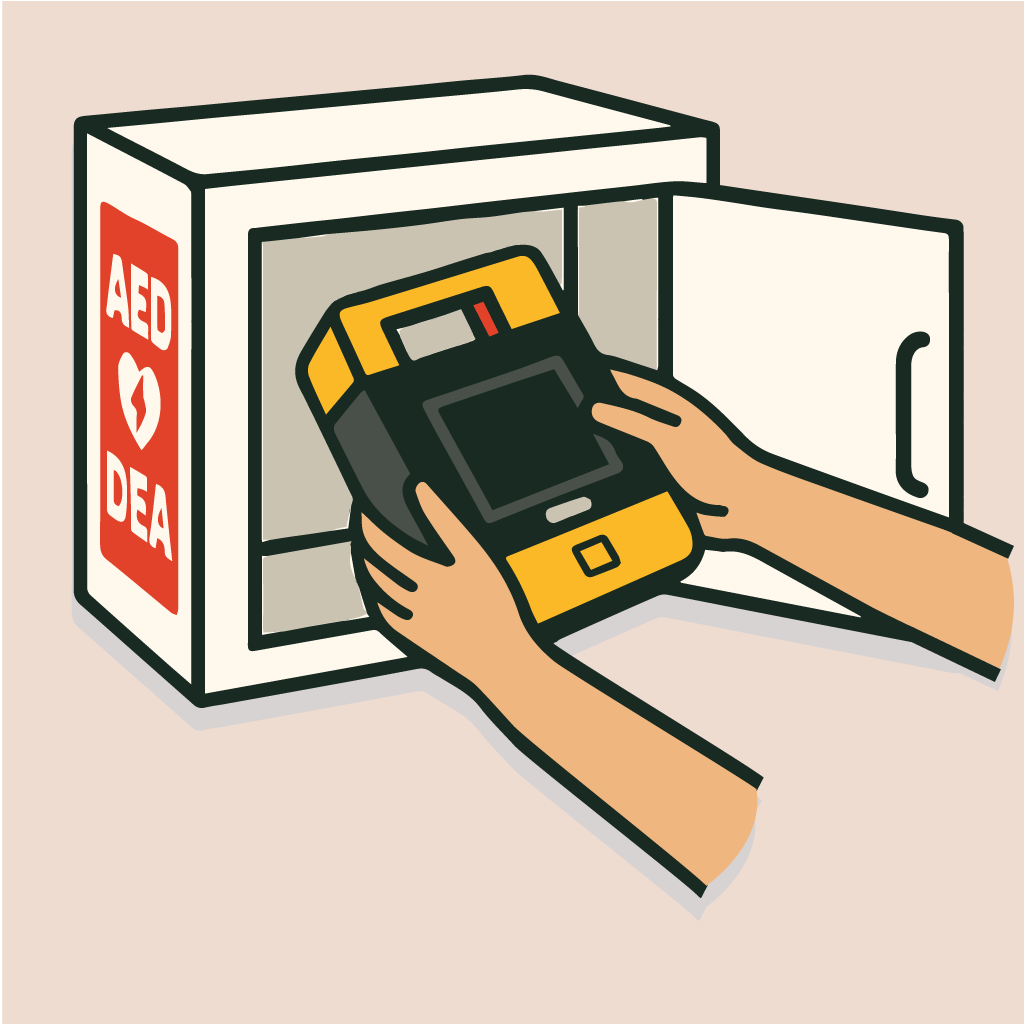 Illustration of an AED in a cabinet