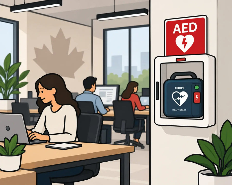 Modern office with AED illustration
