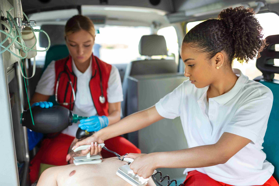 Paramedics provide treatment for sudden cardiac arrest via an AED