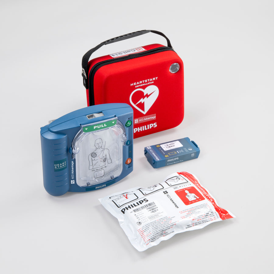 A blue Philips OnSite AED with its battery pack and electrodes