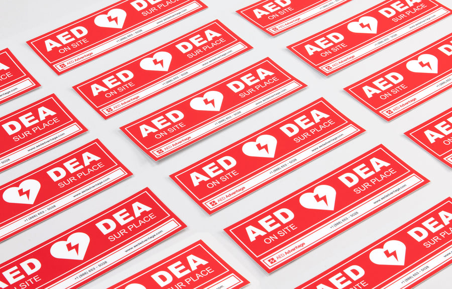 A collage of rectangular bright red AED on site stickers