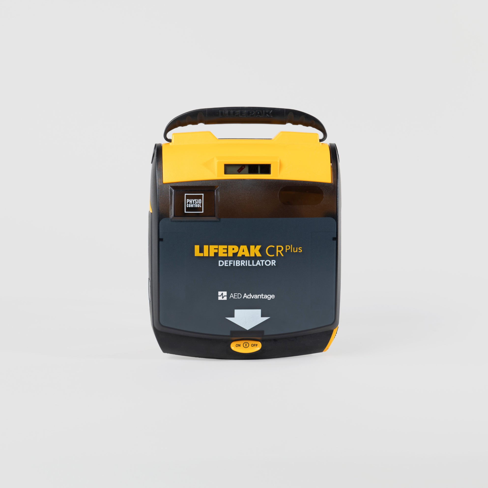 A black and yellow LIFEPAK CR Plus AED with a black carry handle.