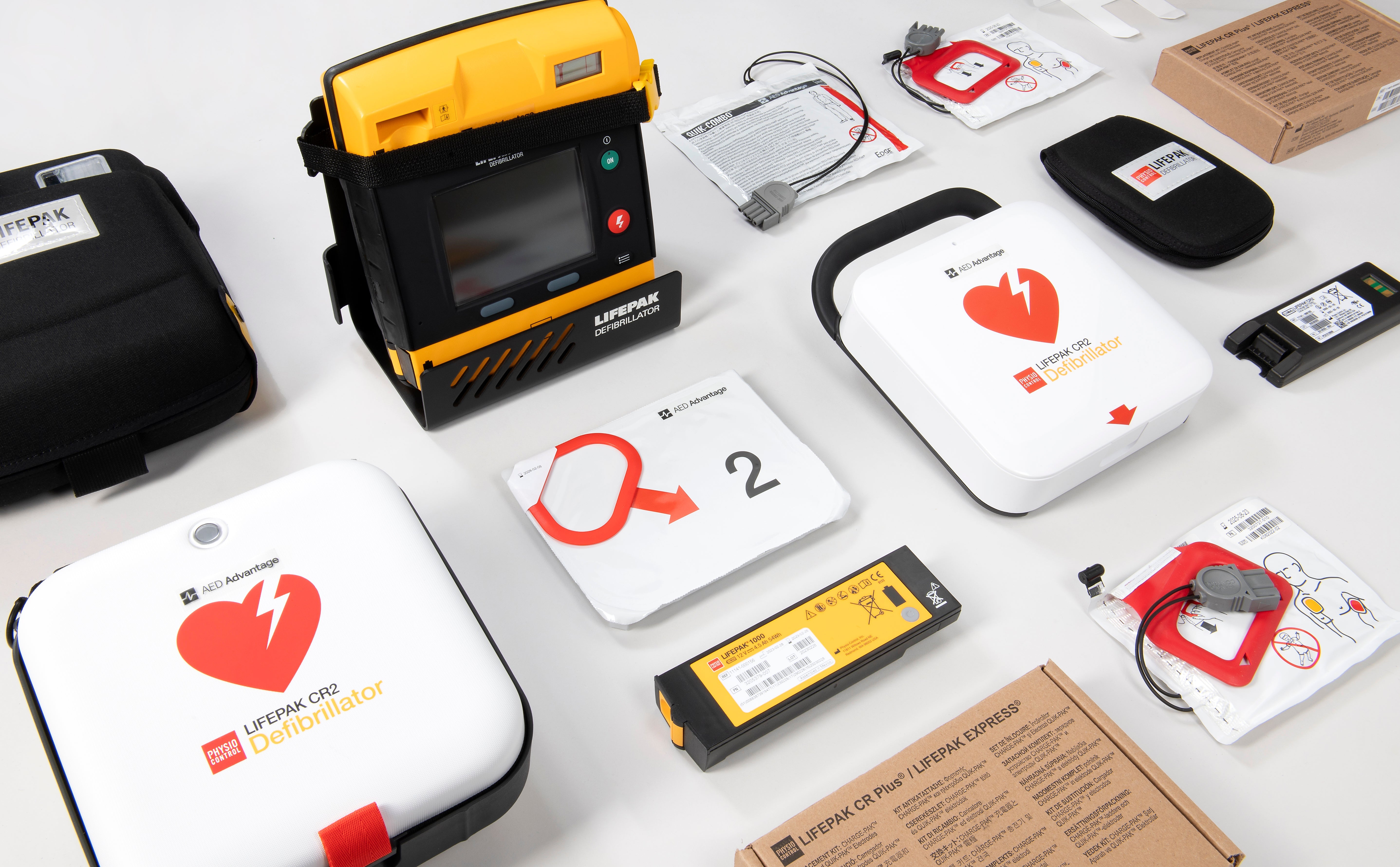 A collage of LIFEPAK AEDs and their accessories of various colours