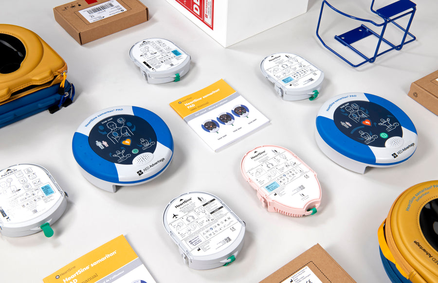 A collage of blue and gray HeartSine AEDs and their accessories.
