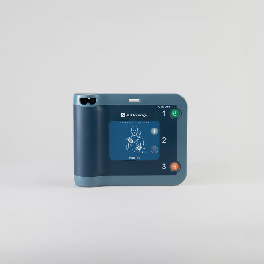 A blue Philips HeartStart FRx AED machine.