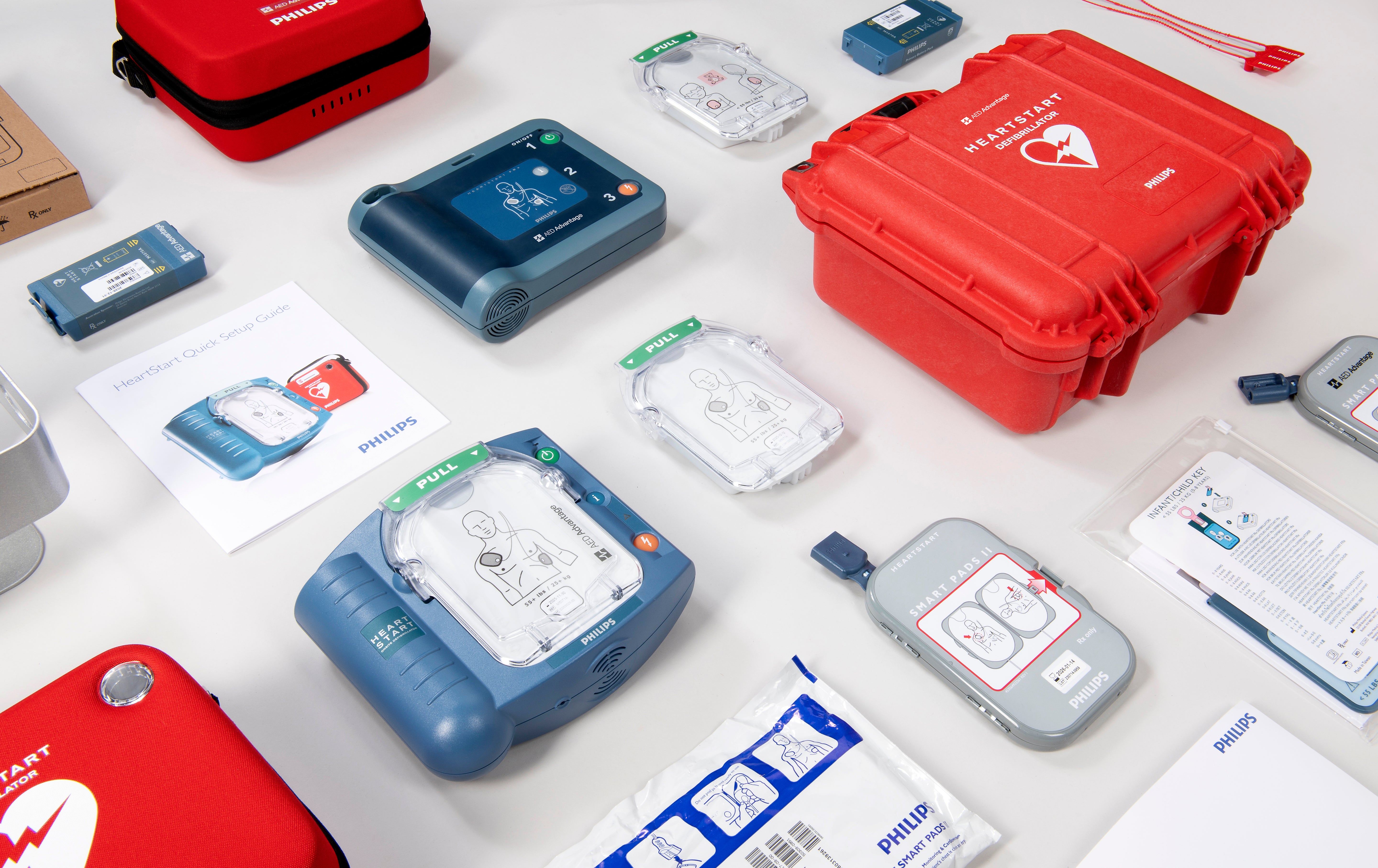 A collage of Philips AEDs and their accessories of various colors.