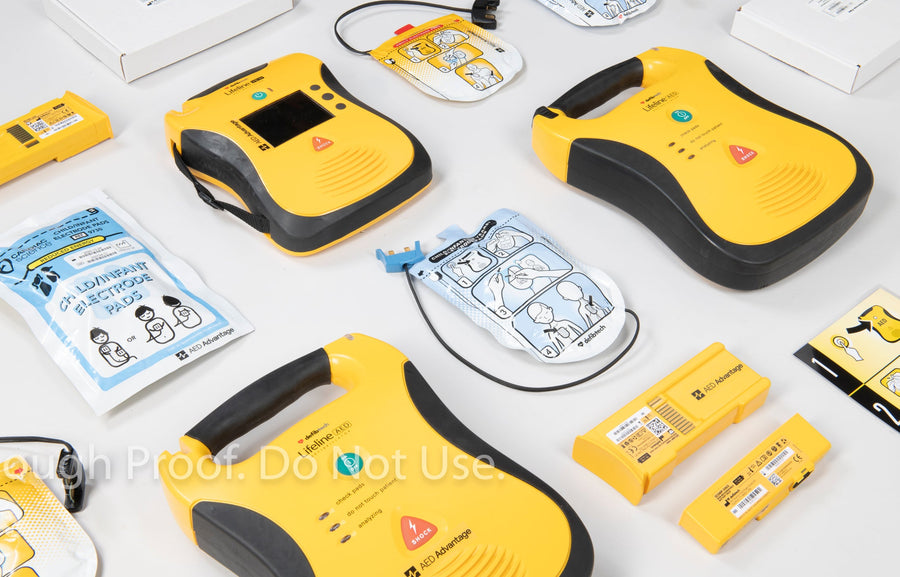 A collage of bright yellow Defibtech AEDs and their accessories.