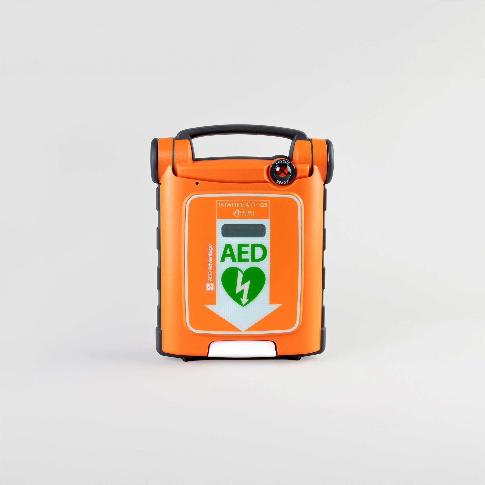 A bright orange Powerheart G5 AED with a gray carry handle. 