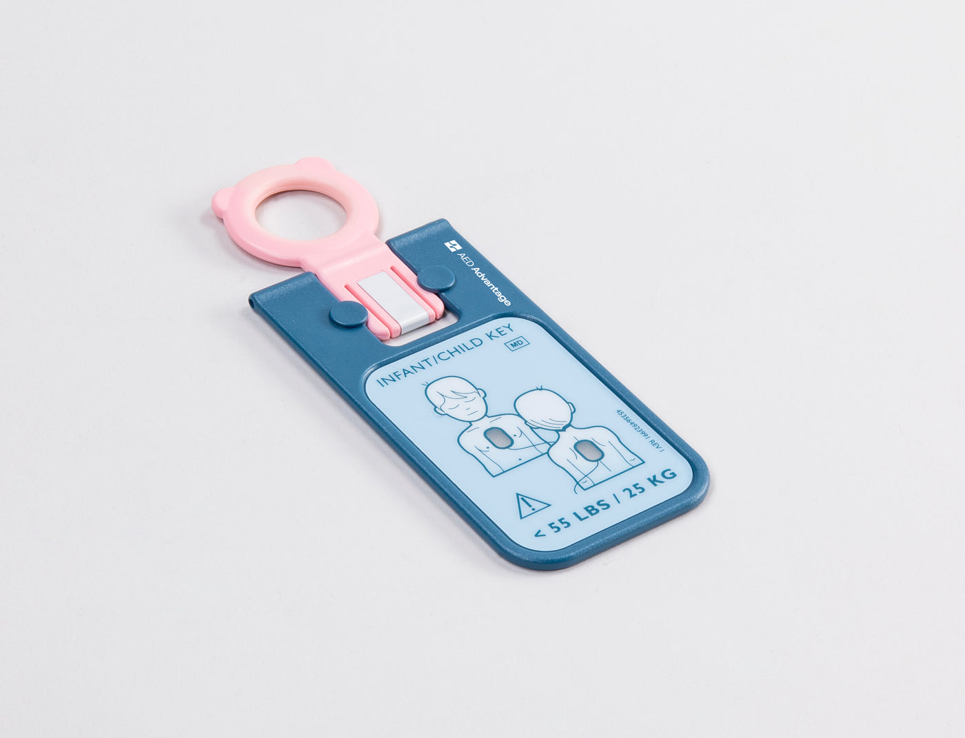 A blue and pink rectangular key for the Philips HeartStart FRx AED