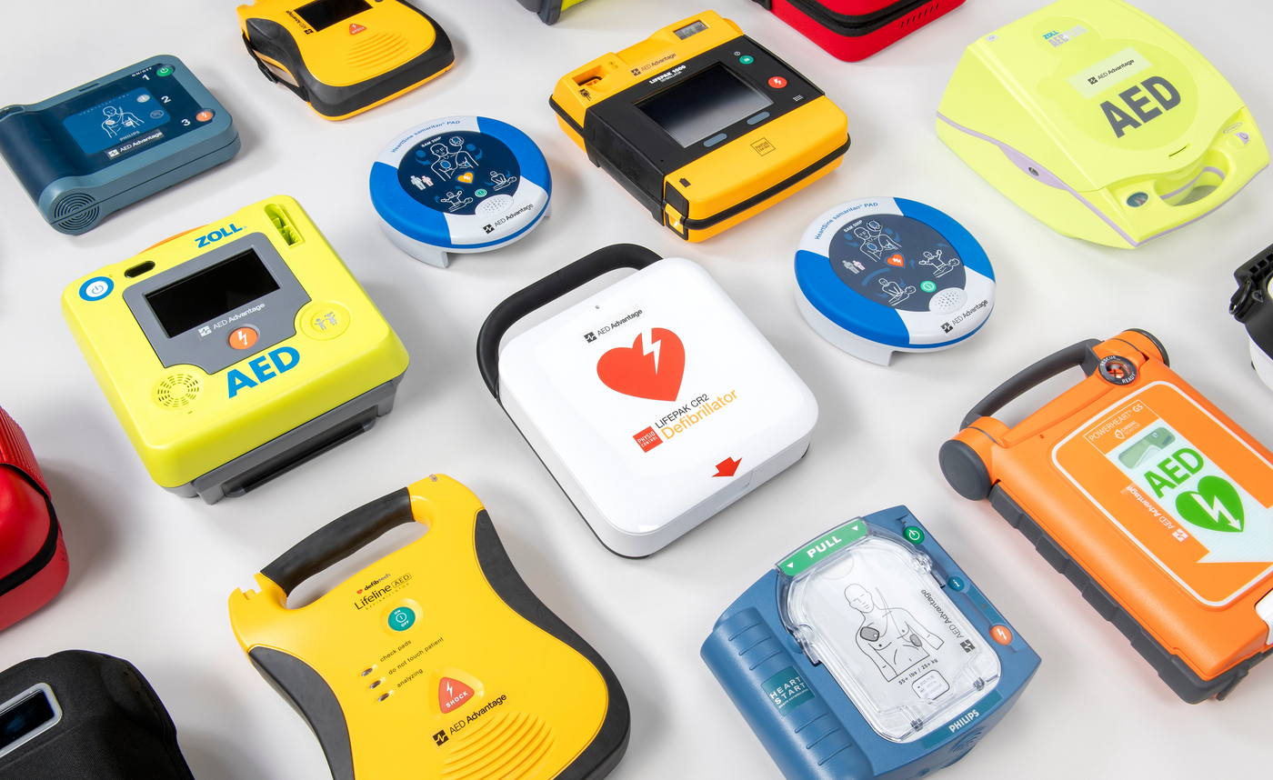 A collage of multicolored AEDs of various brands. 