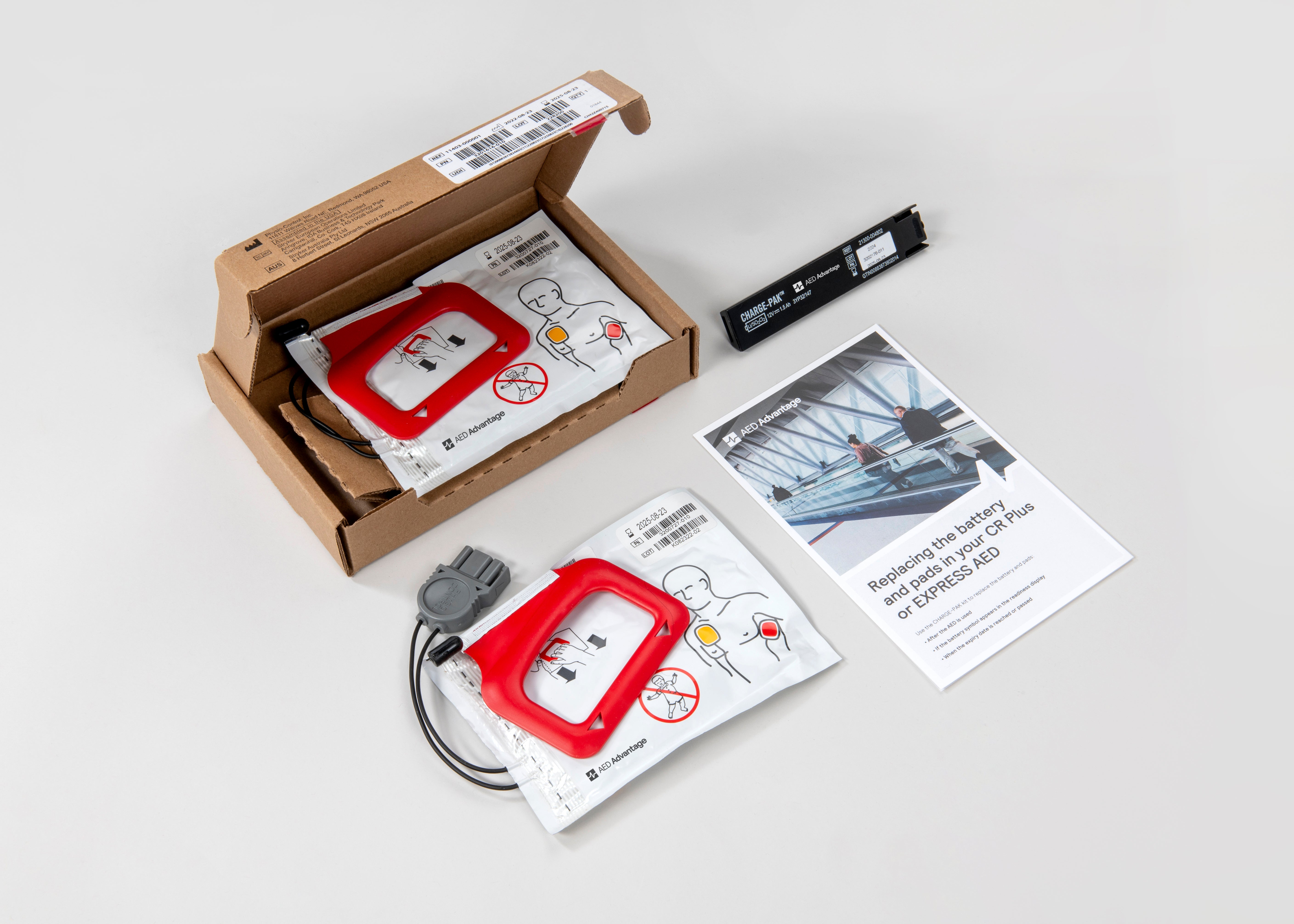 A set of electrodes, and a battery pack, and instructions for a CR Plus defibrillator