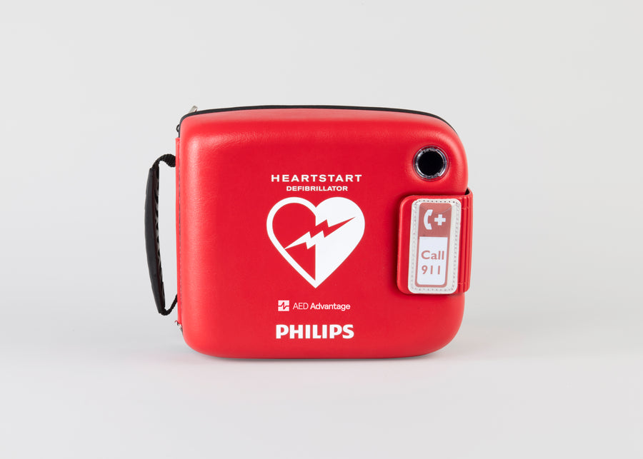 A bright red Philips defibrillator carrying case. 