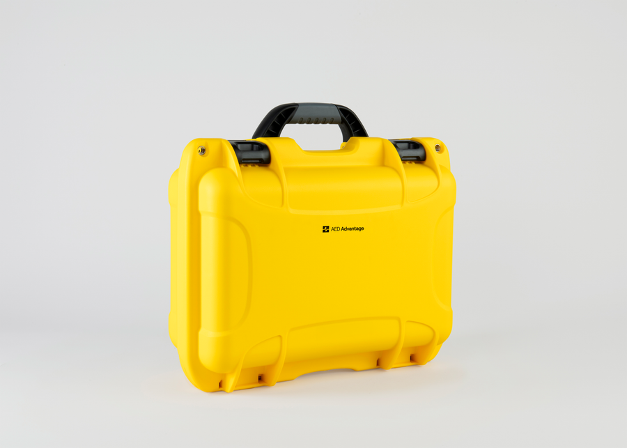 A durable yellow hardshell AED carry case