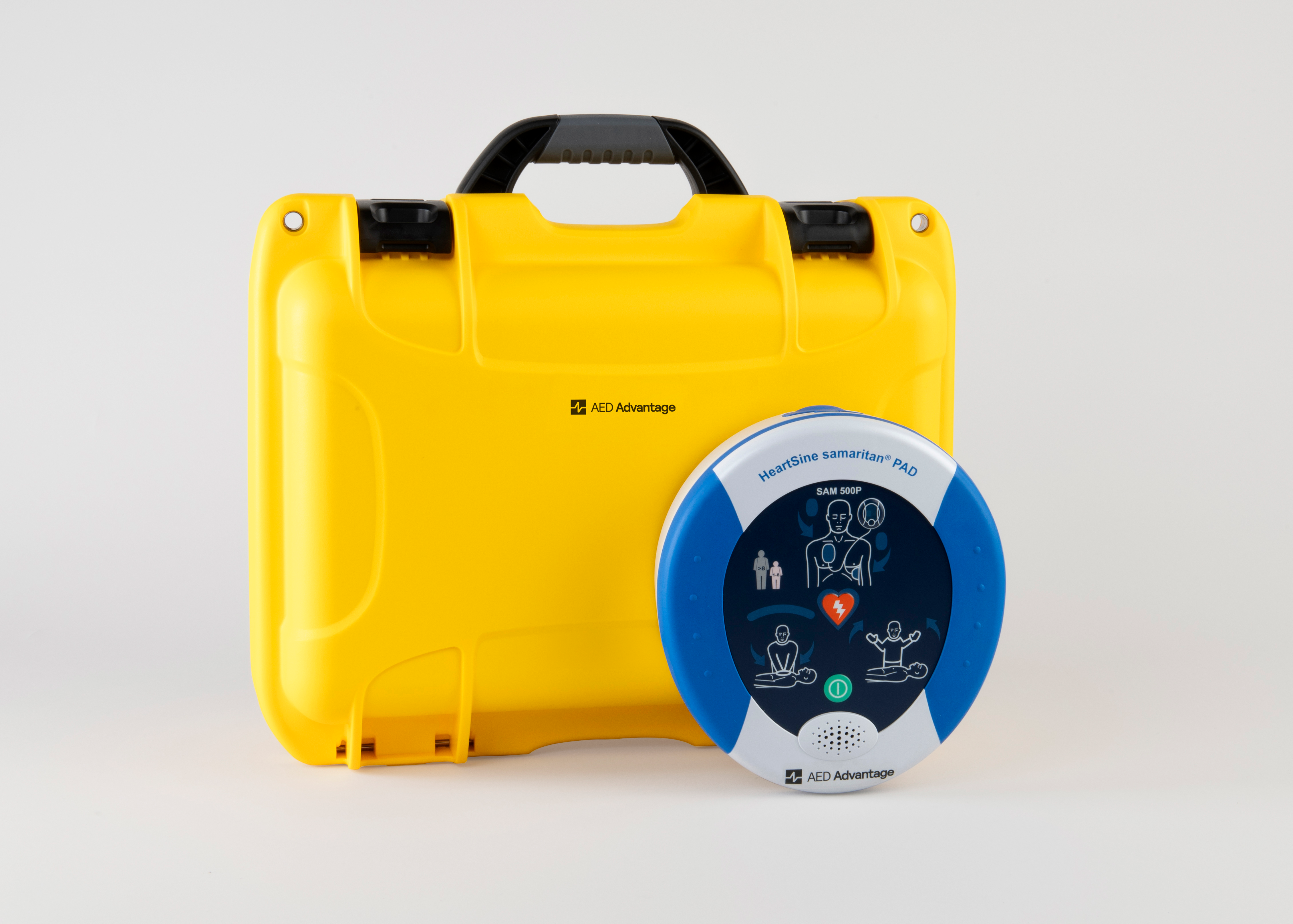 A blue and gray HeartSine 500P AED standing next to a bright yellow hardshell carry case.