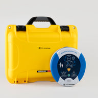 A blue and gray HeartSine 350P AED standing next to a bright yellow hardshell carry case