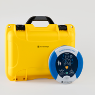 A blue and gray HeartSine 350P AED standing next to a bright yellow hardshell carry case