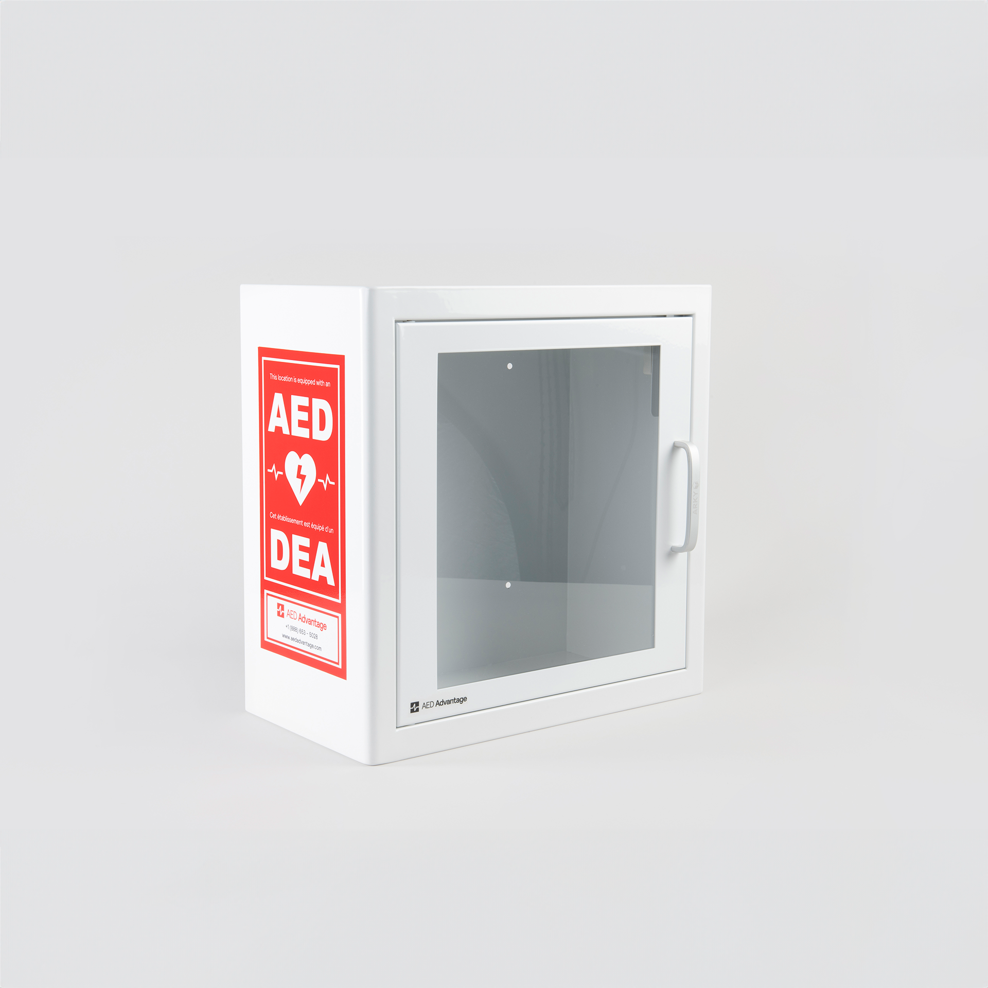 A white metal AED wall mount cabinet with bright red AED decals on either side