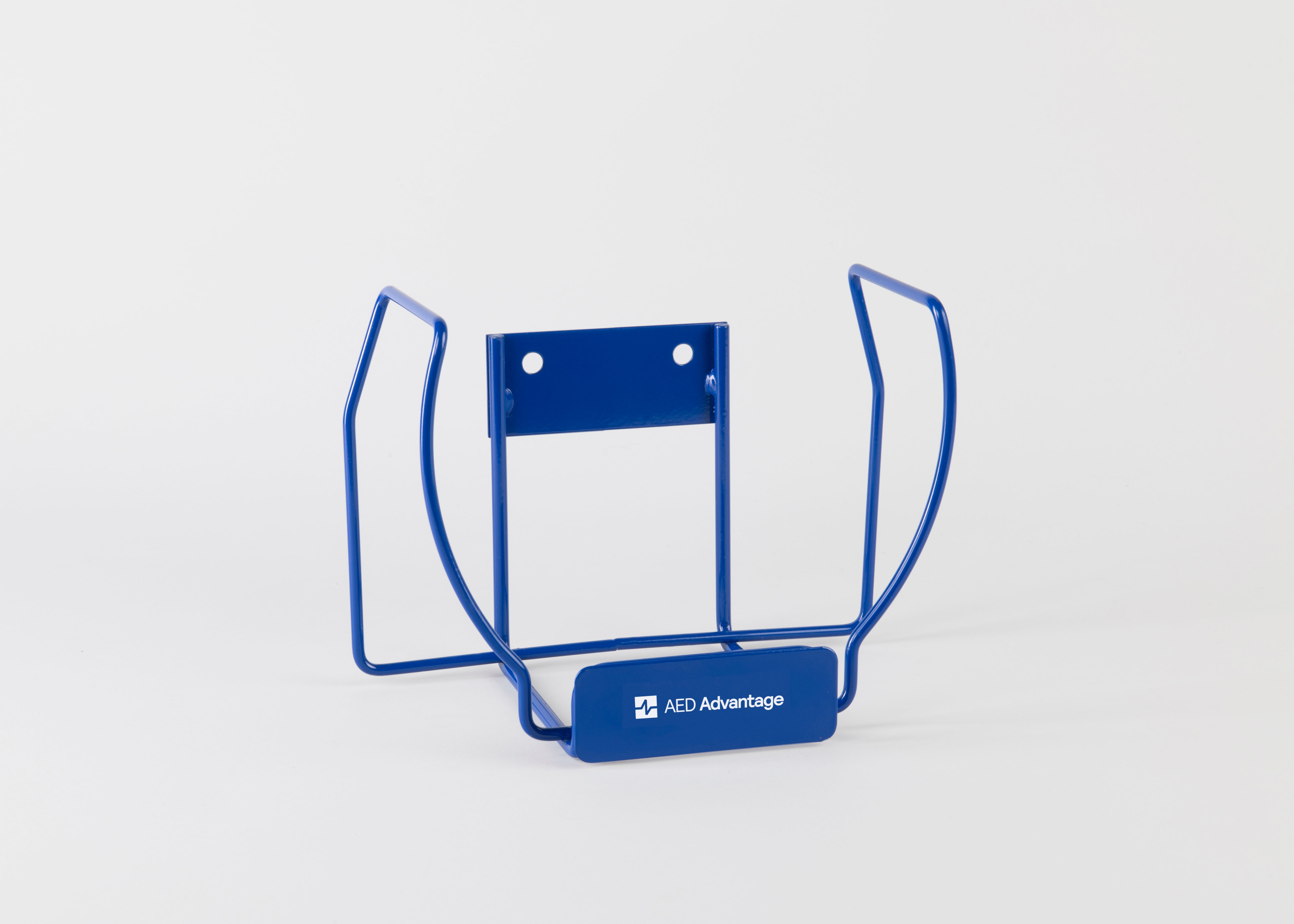 A blue metal wall mount bracket meant to store a HeartSine AED