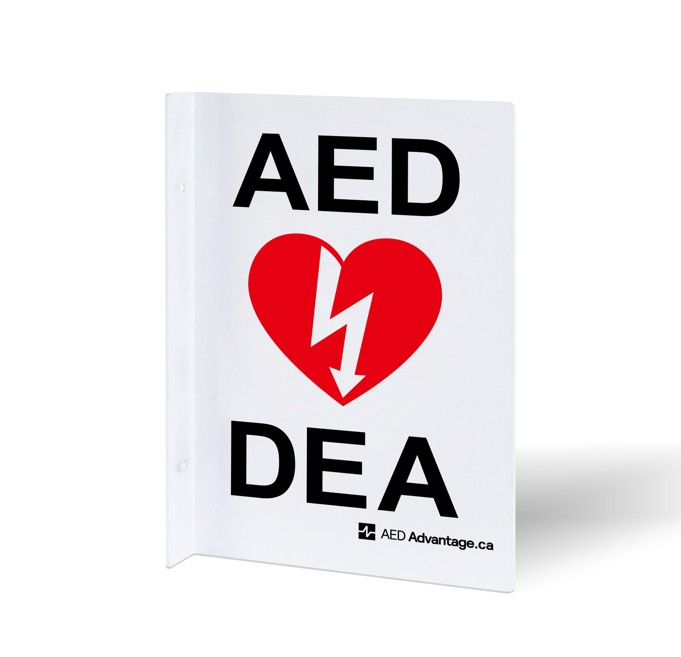 A white metal rectangular wall sign containing large bold text indicating an AED is present 