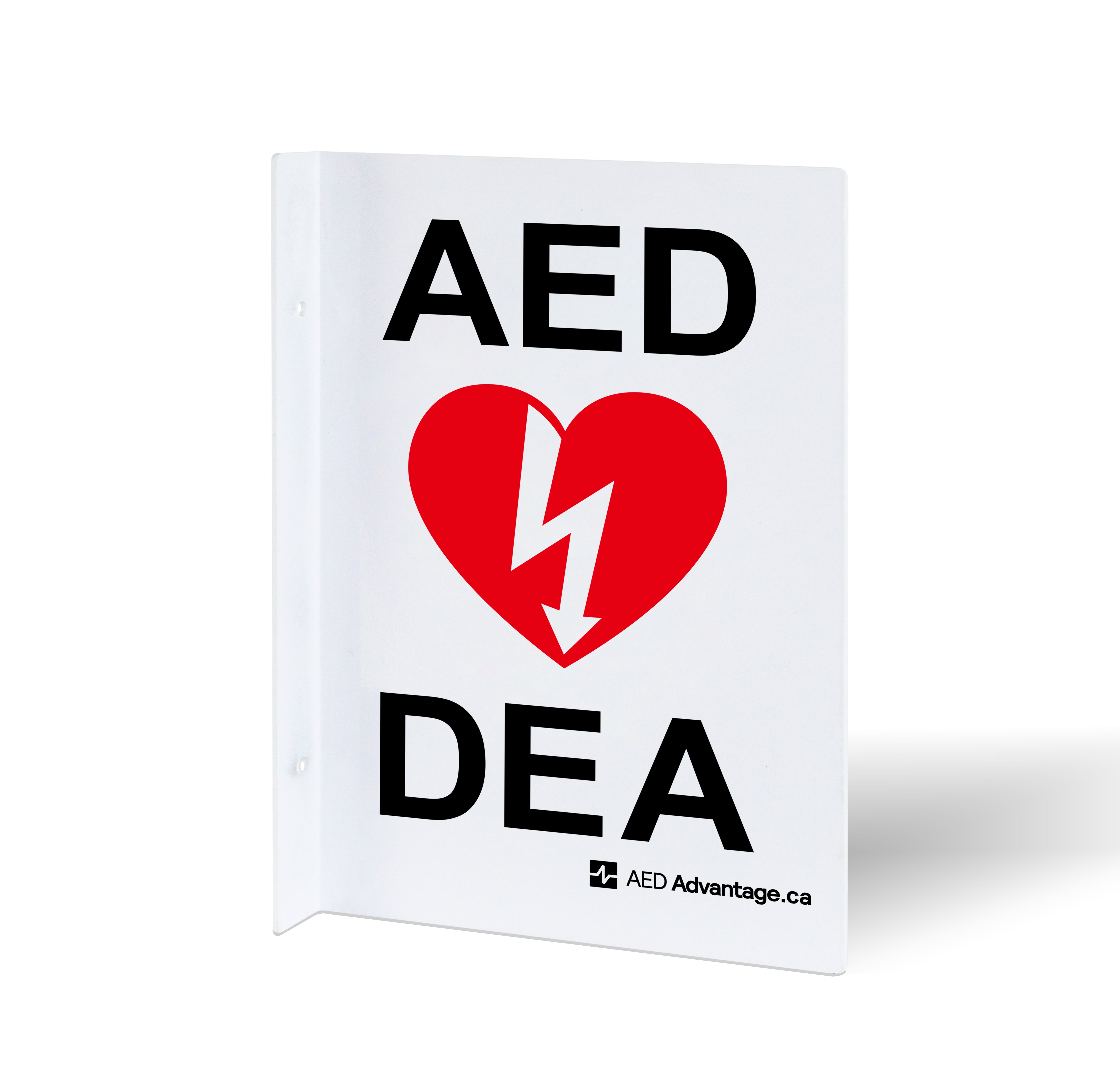 A bilingual white metal rectangular wall sign containing large bold text indicating an AED is present 