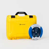 A blue and gray HeartSine 350P AED standing next to a bright yellow hardshell carry case.