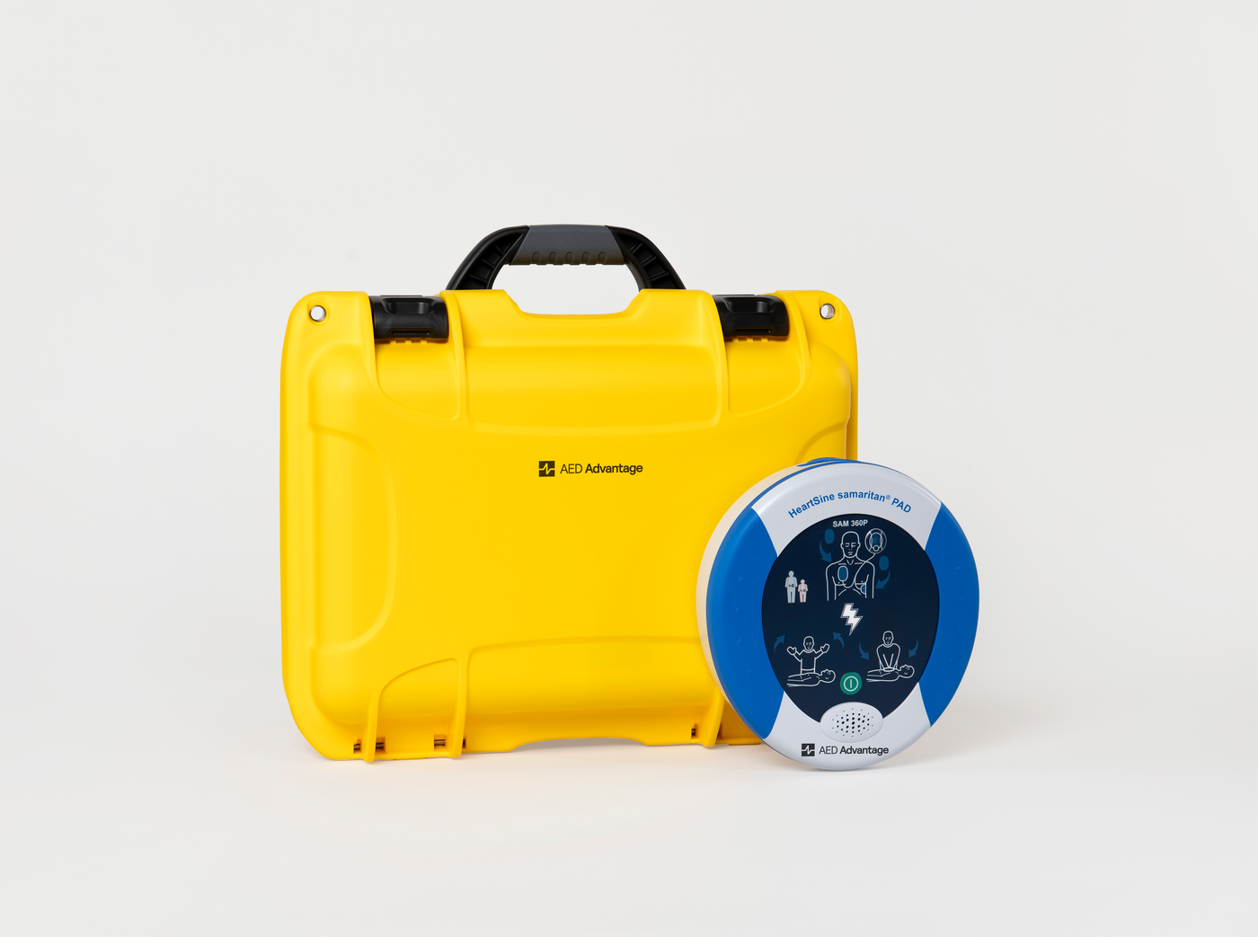 A blue and gray HeartSine 350P AED standing next to a bright yellow hardshell carry case.