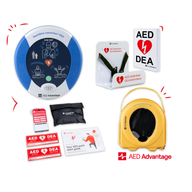 A HeartSine 500P AED displayed in a collage with its carry case, wall bracket, wall sign, and other accessories.