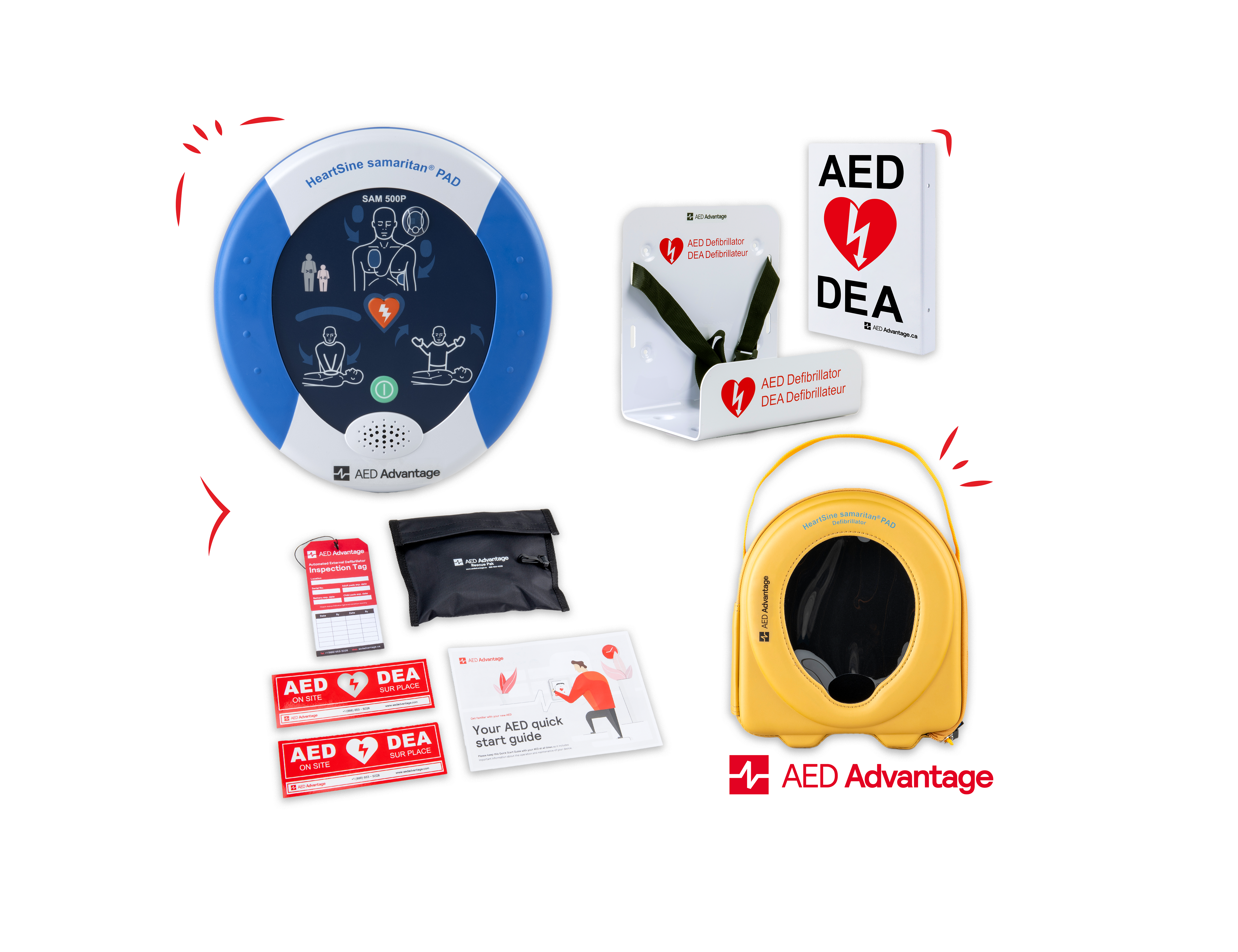 A HeartSine 500P AED displayed in a collage with its carry case, wall bracket, wall sign, and other accessories.